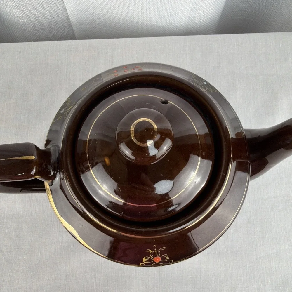 Vintage Brown Betty Redware Teapot Moriage Enamel Hand Painted Japan GUC MCM